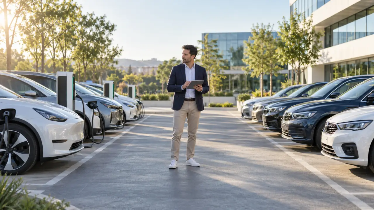 Véhicules d'entreprise électriques stationnés devant des bureaux modernes
