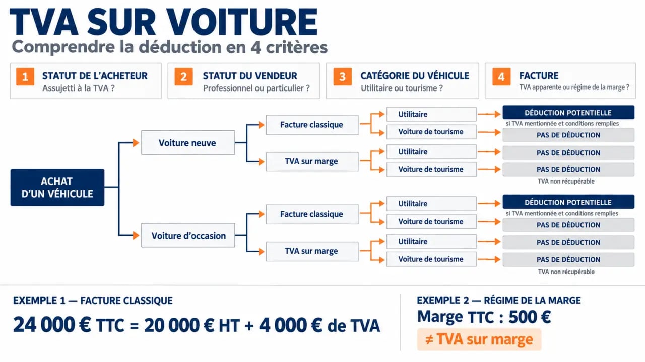 Infographie sur la TVA sur voiture selon le véhicule, la facture et le statut de l'acheteur