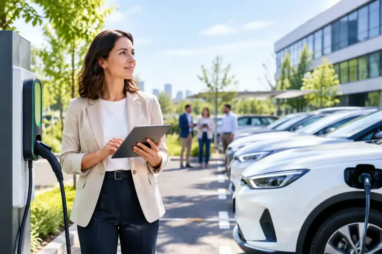 Véhicule électrique professionnel en recharge devant des bureaux