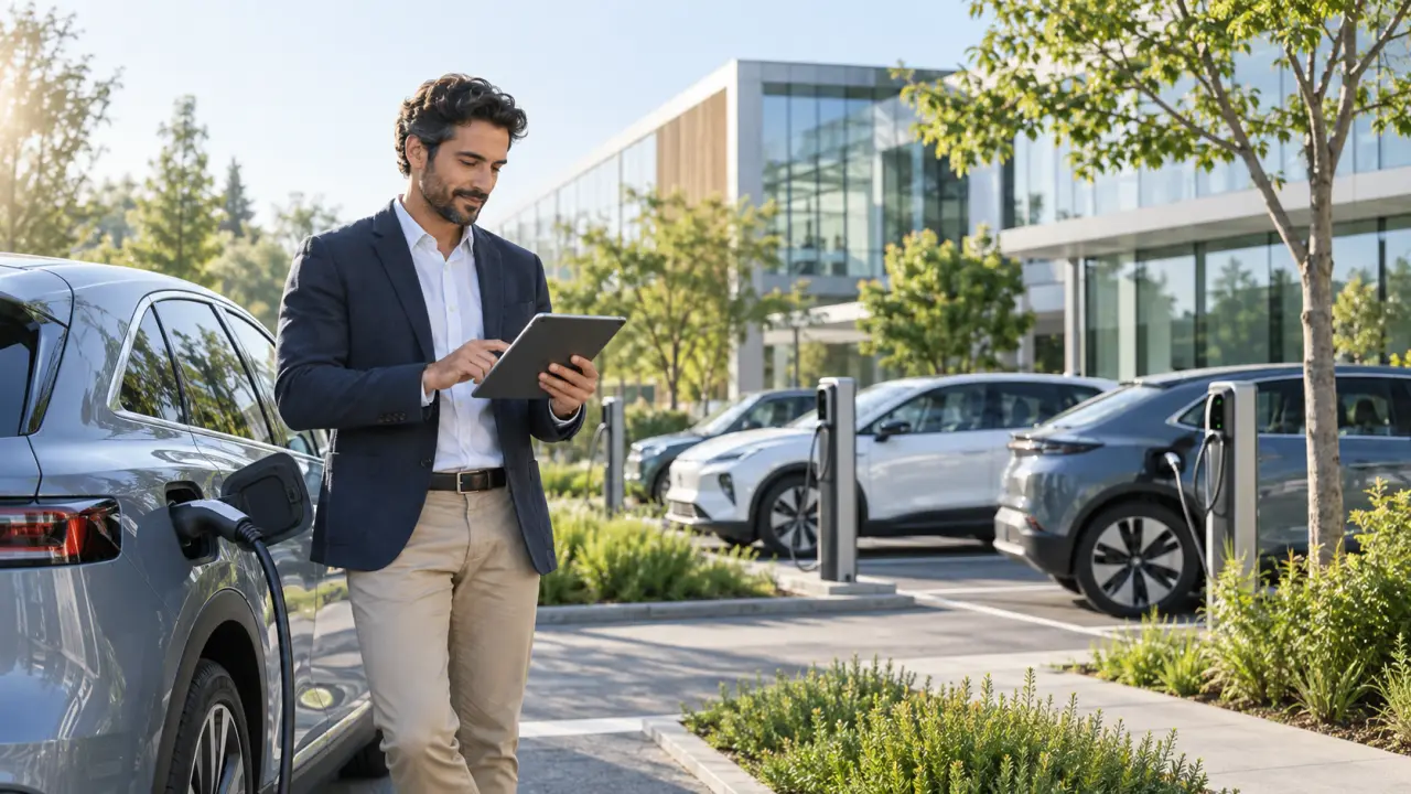 Véhicule électrique d'entreprise en recharge devant des bureaux modernes