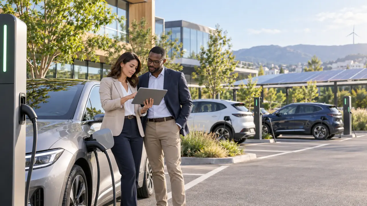 Véhicule électrique professionnel en recharge devant un bâtiment d’entreprise