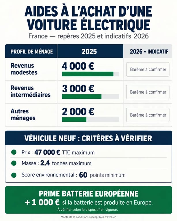 Aide pour achat voiture électrique : infographie des montants et conditions d'éligibilité