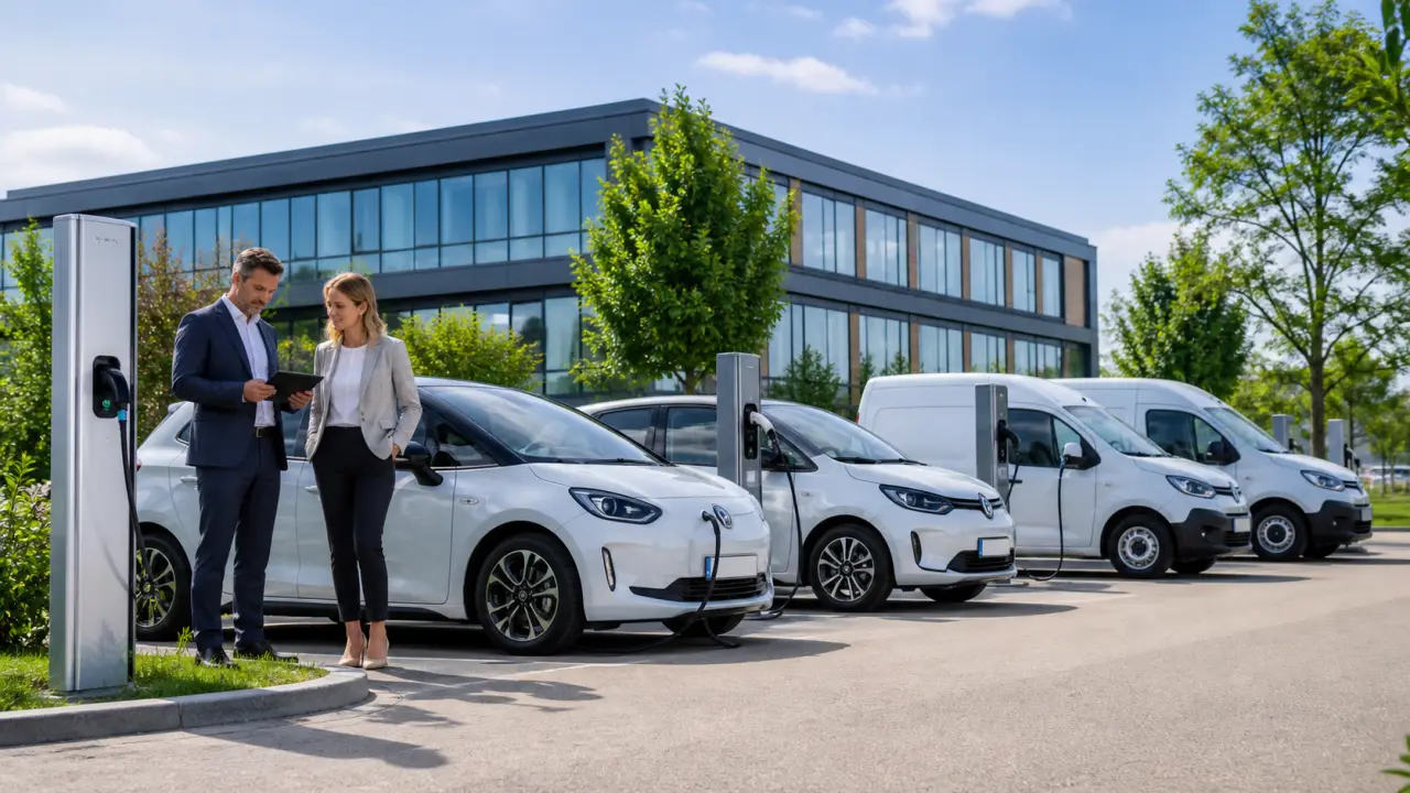 Véhicule d'entreprise électrique en recharge devant un immeuble de bureaux moderne à l'aube