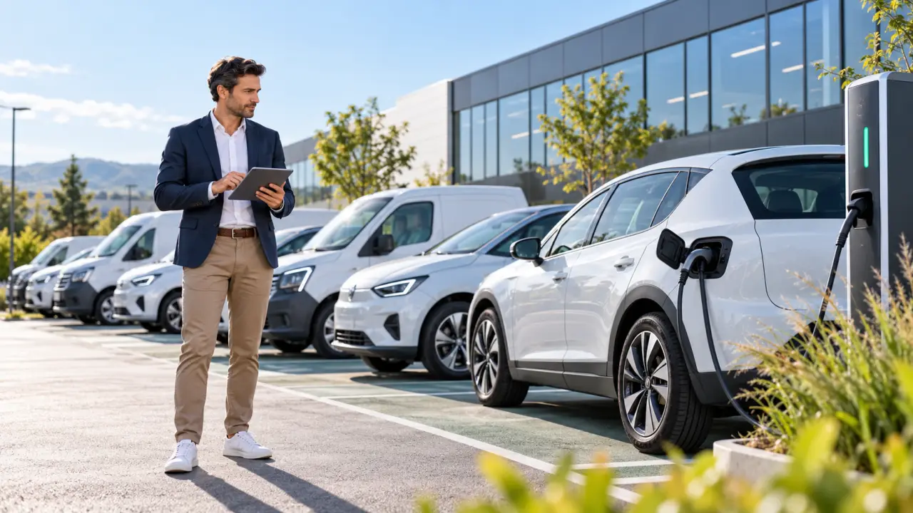 Véhicule électrique professionnel en recharge devant un bâtiment d’entreprise