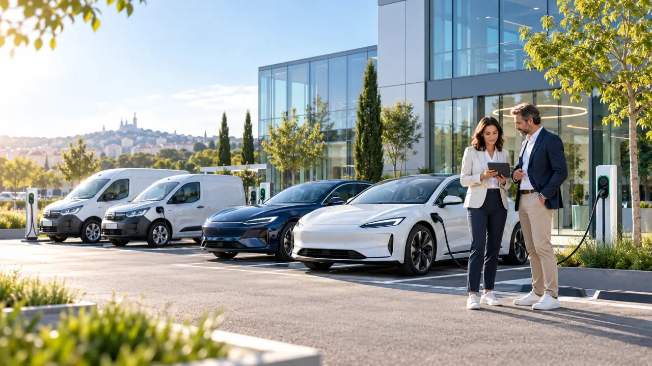 Véhicule électrique d’entreprise en recharge devant un immeuble de bureaux