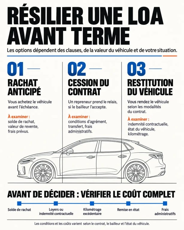 Infographie sur la résiliation LOA avant terme et les trois solutions de sortie