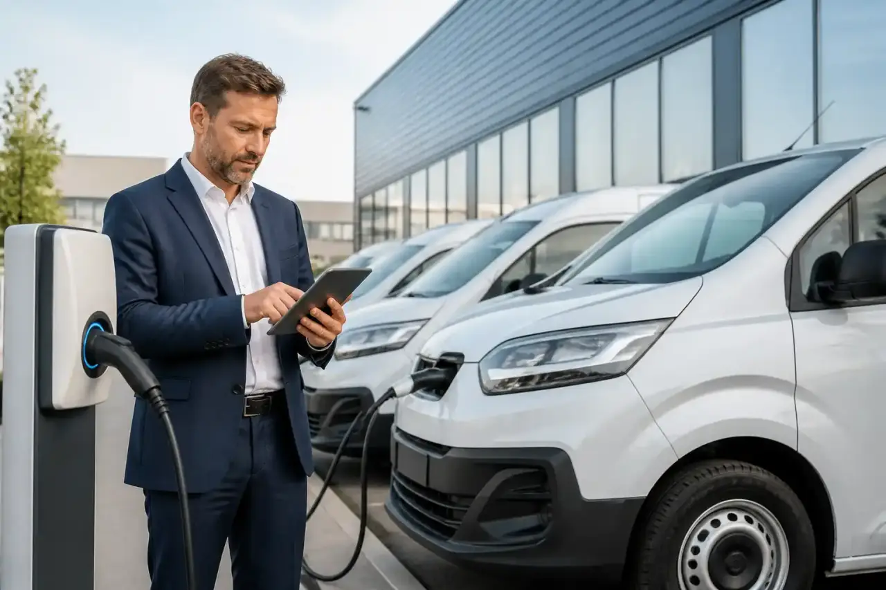 Véhicule professionnel électrique en recharge devant des bureaux modernes