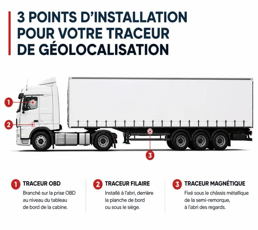 Schéma d'installation d'un traceur de géolocalisation pour camion selon le type de boîtier