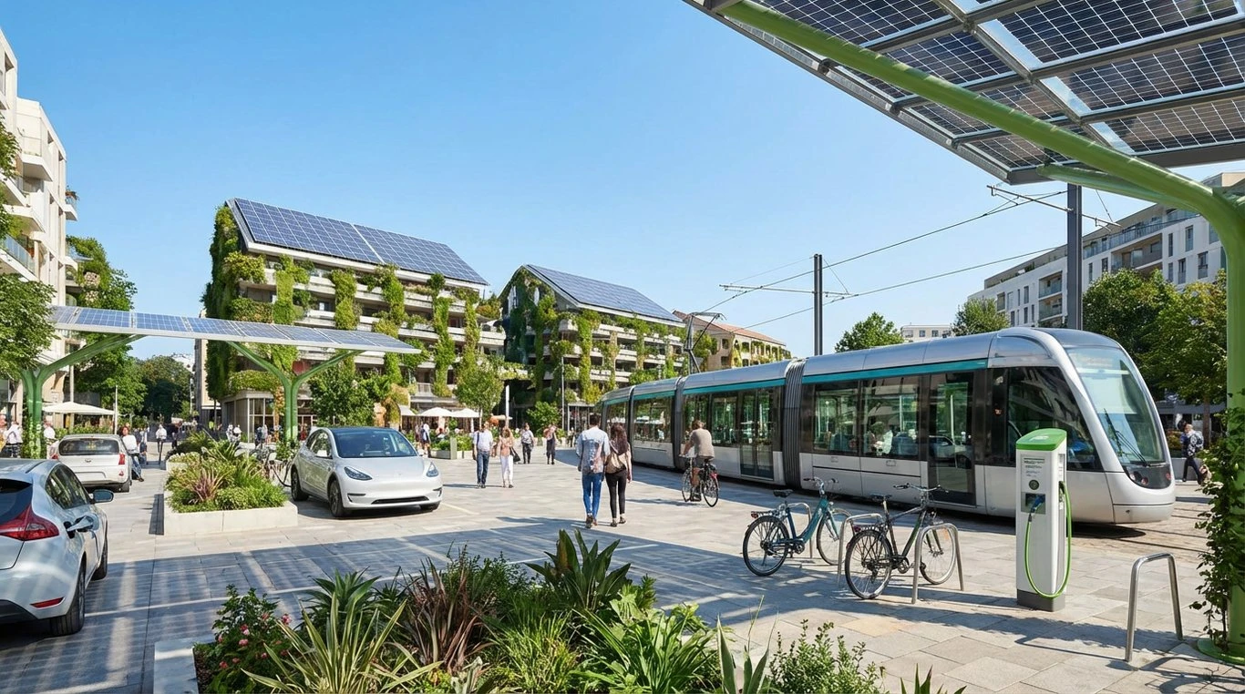 Gros plan cinématographique sur une prise de recharge branchée sur une voiture électrique avec un éclairage vert subtil, symbolisant l'énergie propre dans un contexte professionnel.