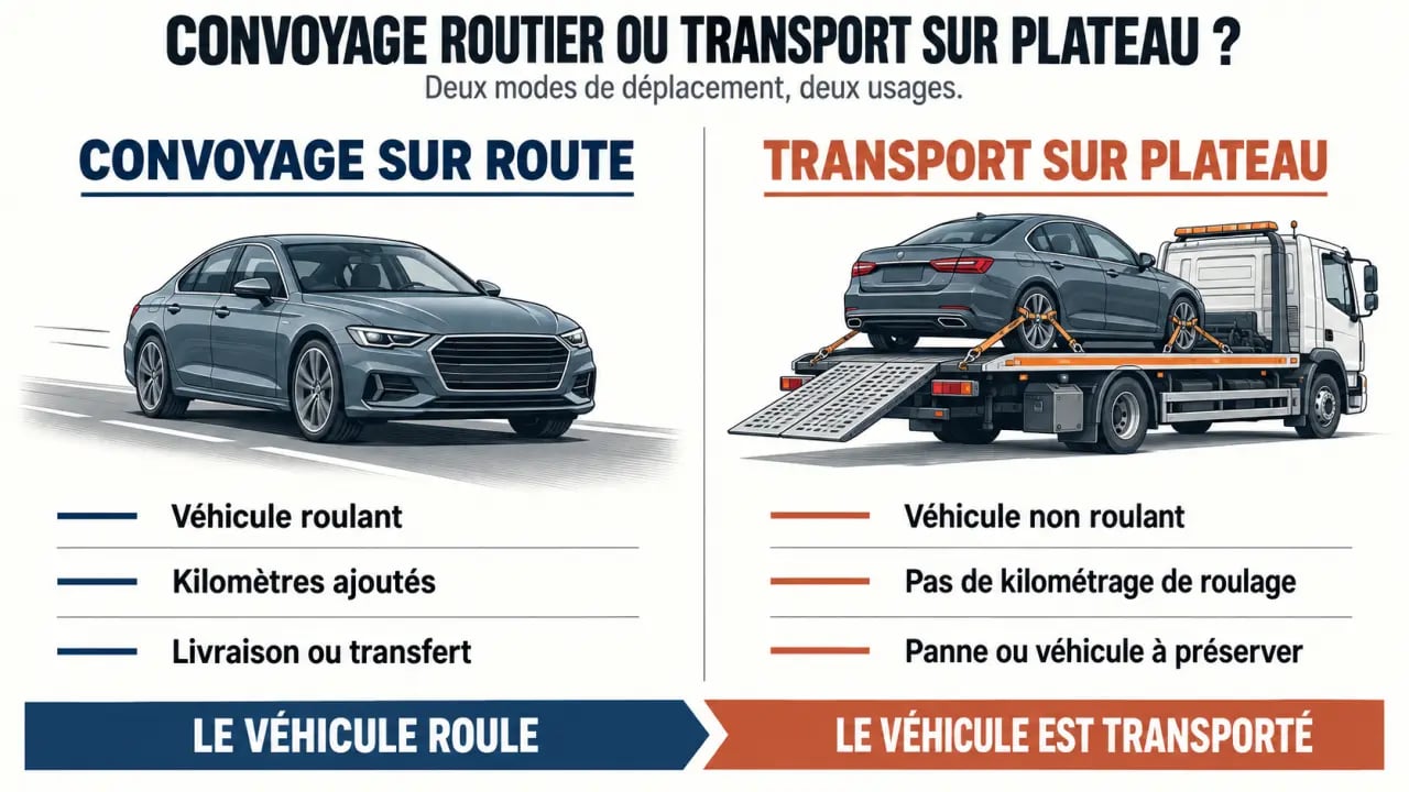 Infographie de plateforme de convoyage de véhicule comparant le convoyage sur route et le transport sur plateau