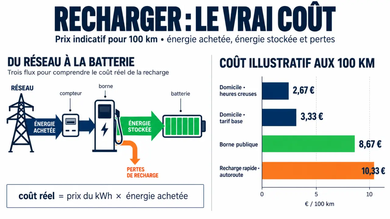 Infographie du simulateur coût recharge voiture électrique selon le lieu de recharge et les pertes