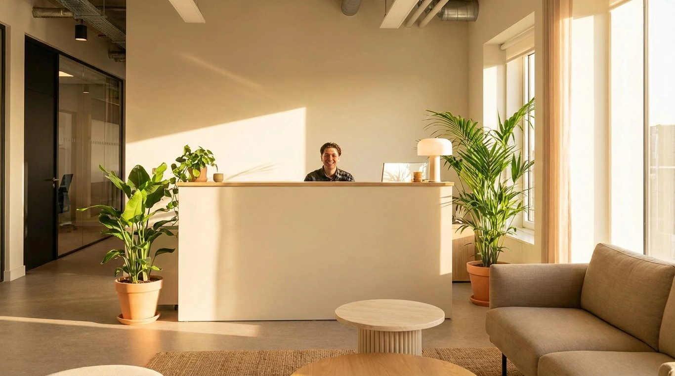 Un espace d'accueil de bureau moderne et épuré avec un logo Via Mobilité au mur, des plantes vertes et une ambiance accueillante.