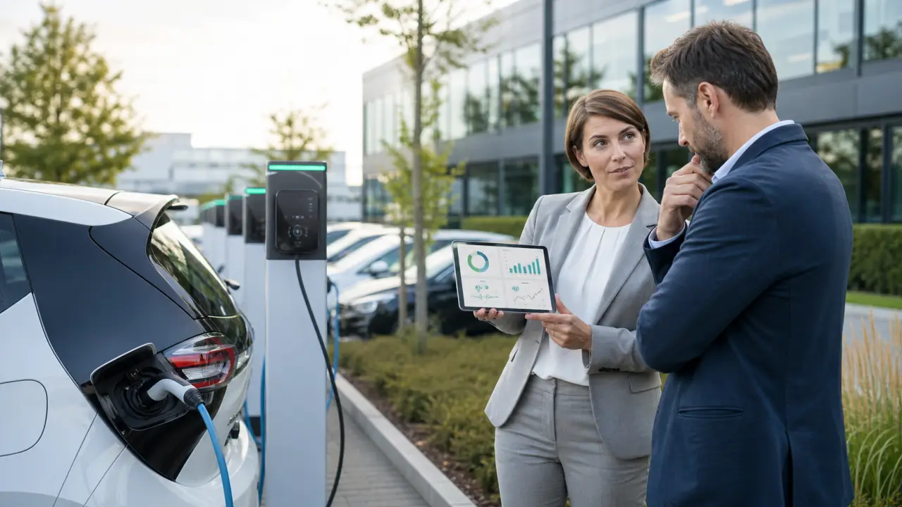 Véhicule d'entreprise électrique en recharge devant un immeuble de bureaux moderne