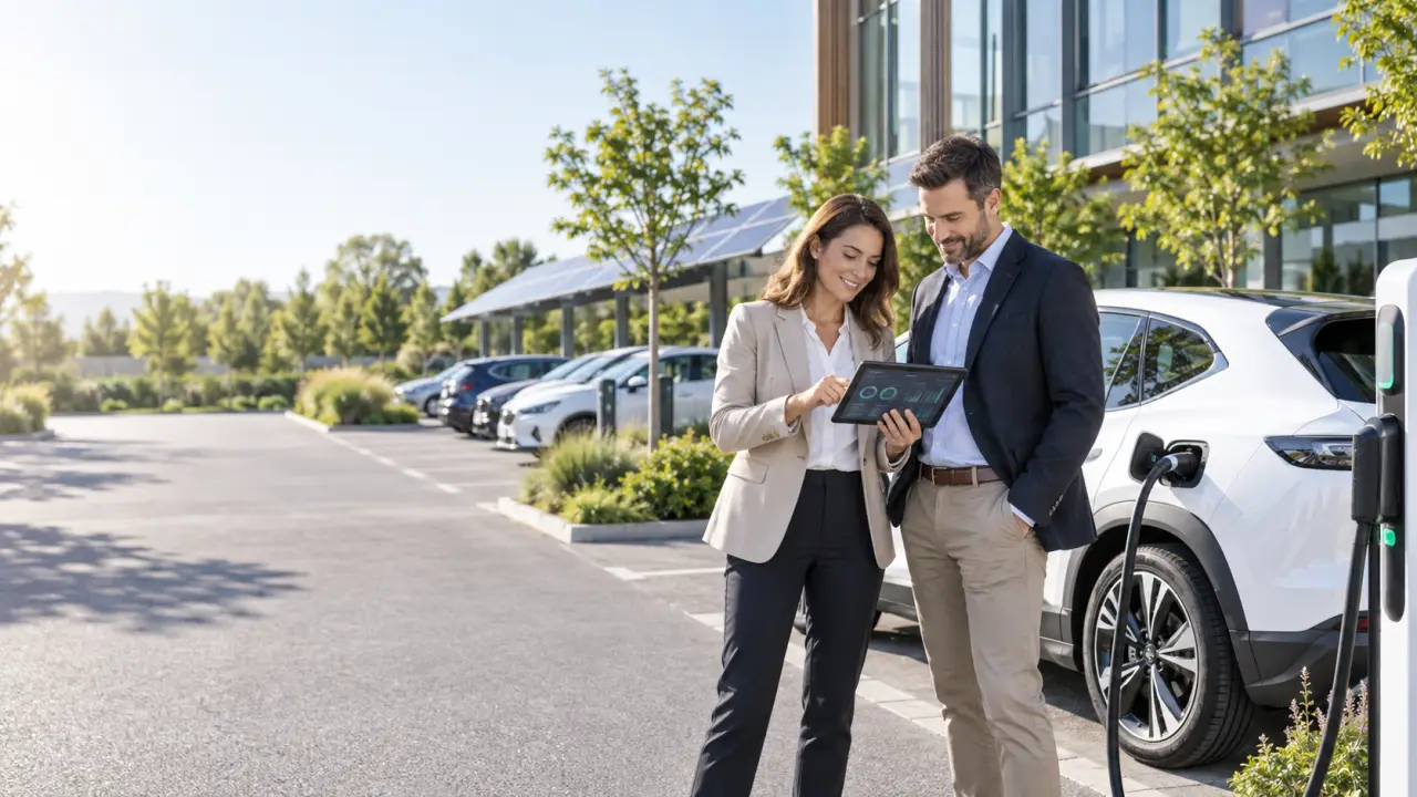 Véhicule électrique d’entreprise en recharge devant des bureaux modernes