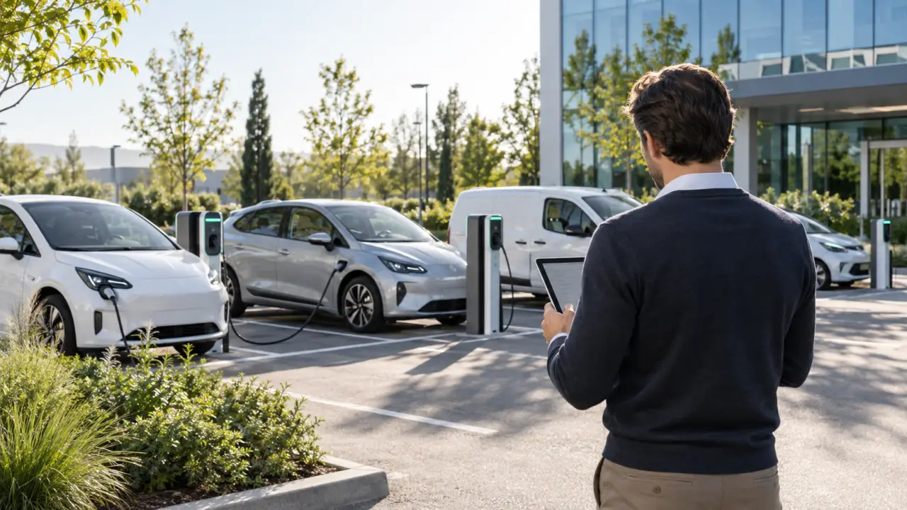 Véhicule électrique professionnel en recharge devant des bureaux
