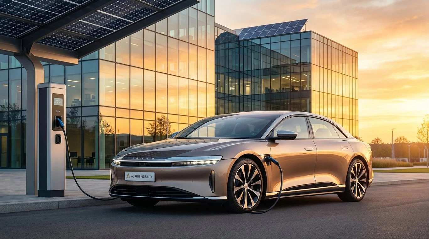 Véhicule d'entreprise électrique en recharge devant un bâtiment moderne