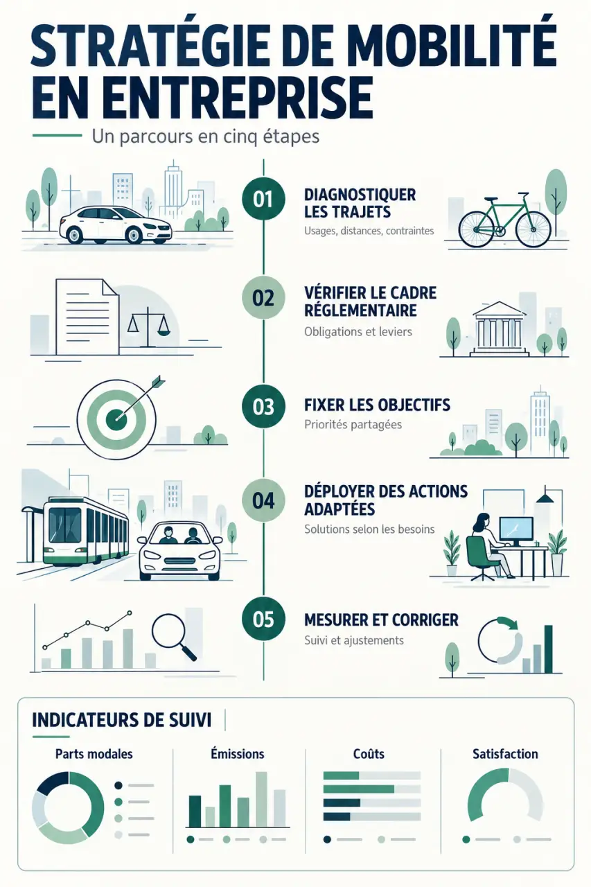 Infographie de stratégie mobilité entreprise : diagnostiquer, agir et mesurer les déplacements
