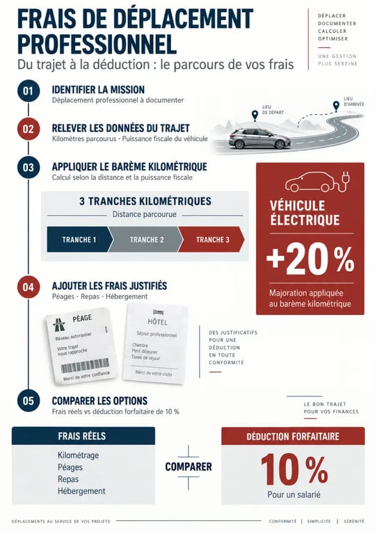 Infographie du calcul des frais de déplacement professionnel et des indemnités kilométriques