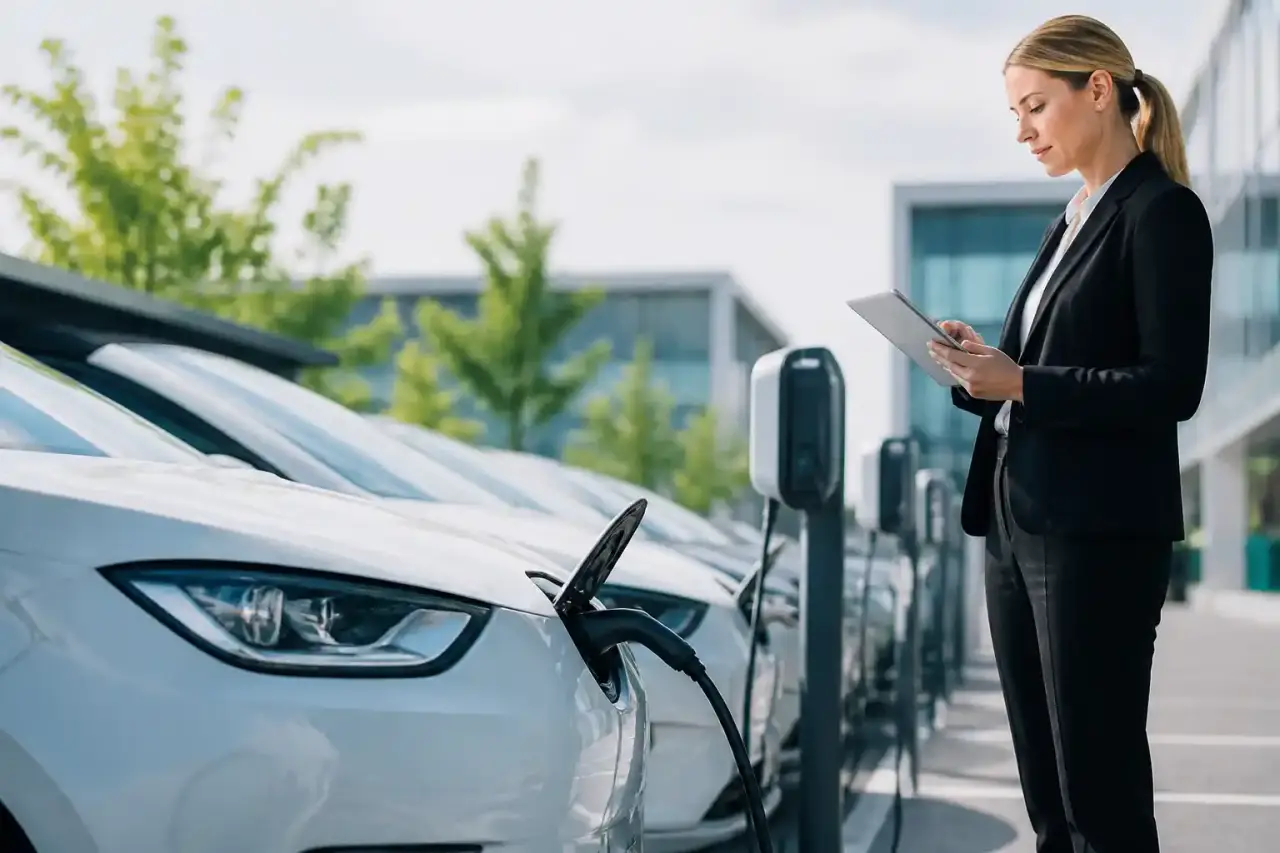 Véhicule électrique d'entreprise en recharge devant des bureaux modernes