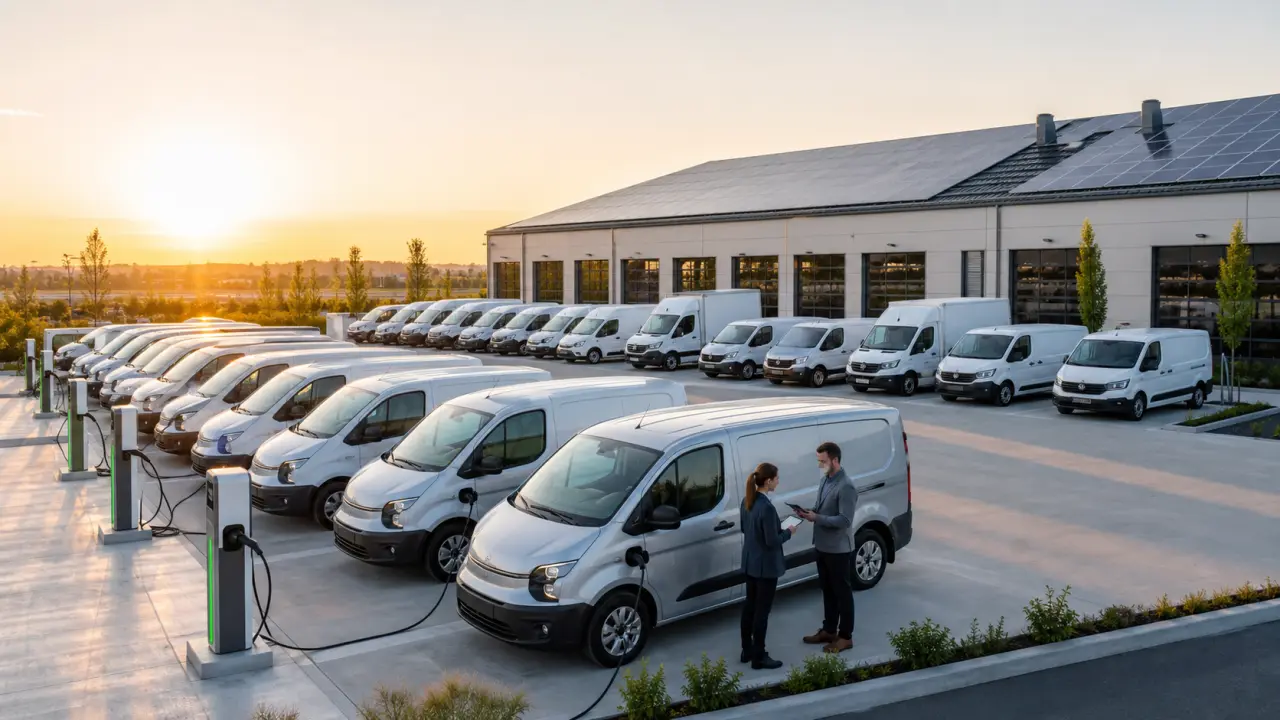 Flotte de véhicules utilitaires électrifiés stationnés et en recharge au dépôt