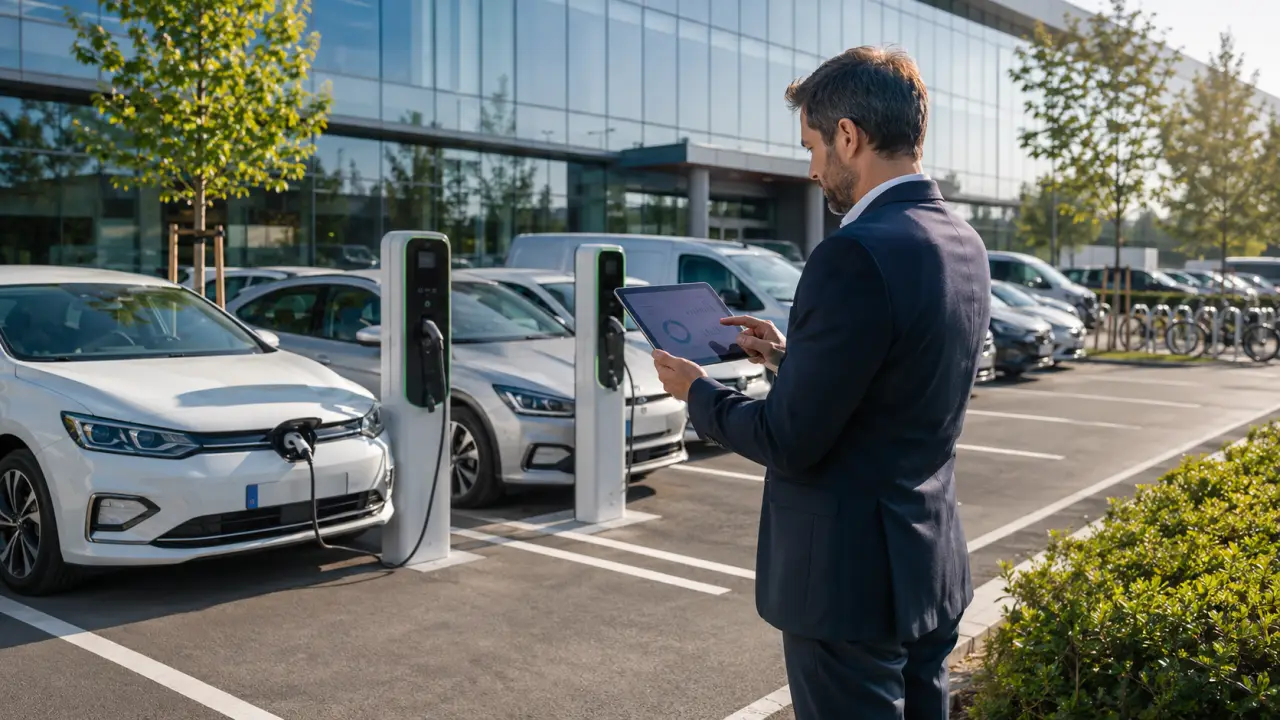 Véhicule d'entreprise électrique en recharge devant un immeuble de bureaux contemporain