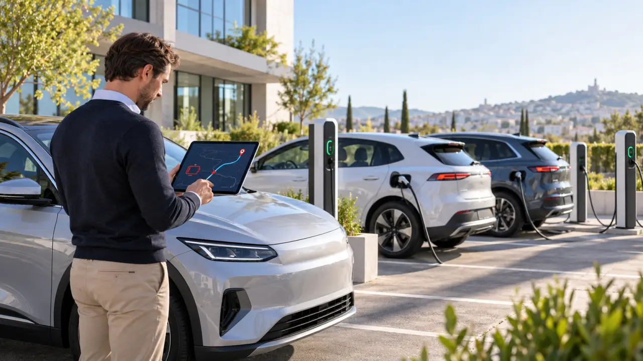 Véhicule électrique professionnel en recharge devant un bâtiment de bureaux