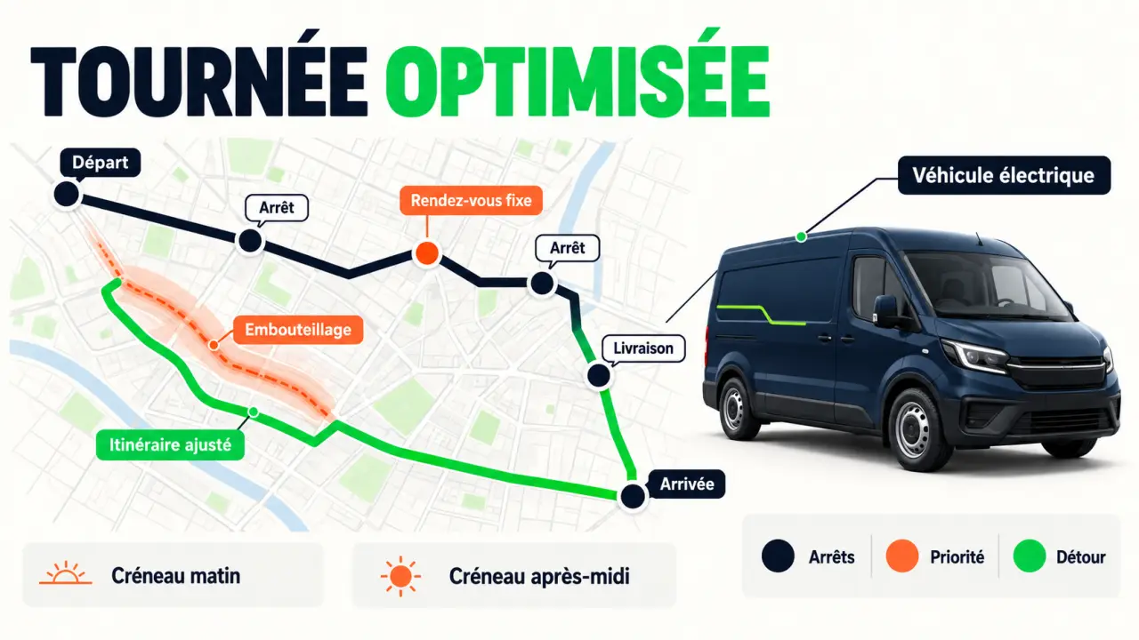 Infographie sur l’optimisation des trajets avec arrêts, contraintes horaires et recalcul d’itinéraire