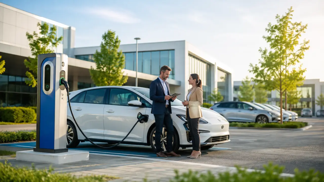 Véhicule électrique d'entreprise en recharge rapide devant un immeuble de bureaux