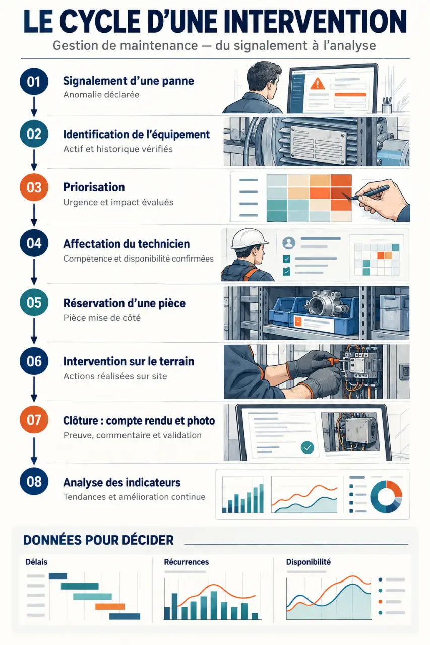 Cycle complet d'intervention dans un logiciel de gestion de maintenance, de la demande à la clôture